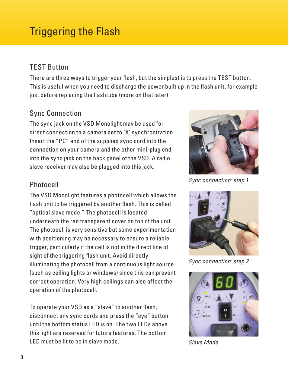 Page 8 page 9, Triggering the flash, Audible beep settings | Impact Digital Monolight 160W/s (120VAC) User Manual | Page 8 / 16