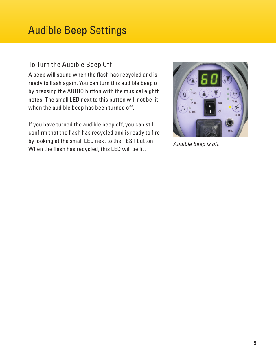 Page 8 page 9, Triggering the flash, Audible beep settings | Impact Digital Monolight 160W/s (120VAC) User Manual | Page 9 / 16