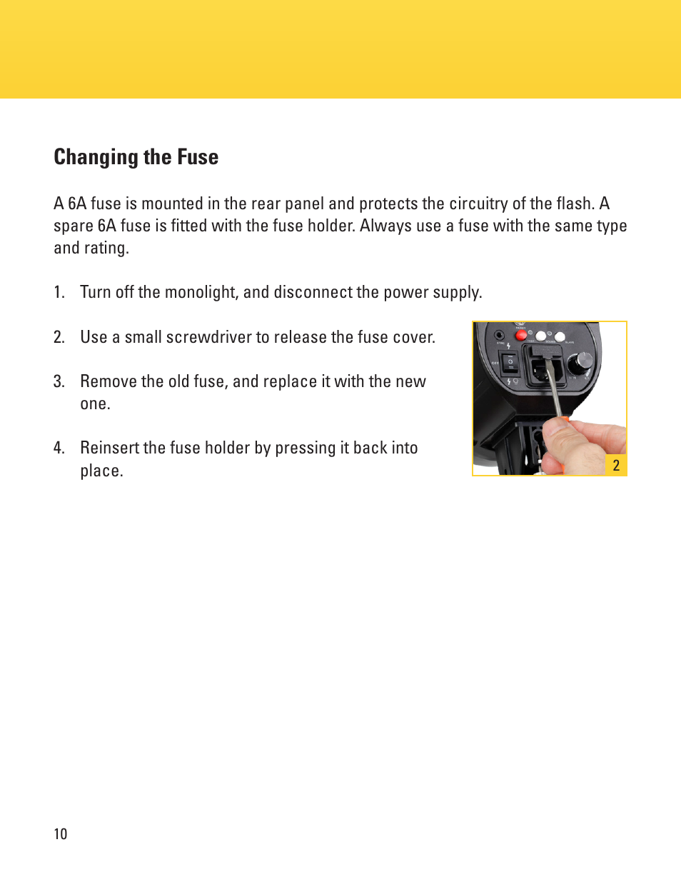 Changing the fuse | Impact 180Ws Monolight Starter Flash with LED Modeling Light User Manual | Page 10 / 12