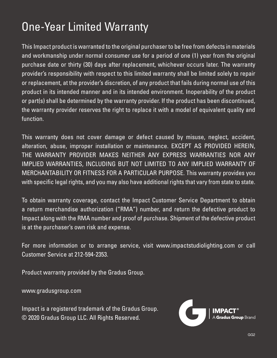 One-year limited warranty | Impact 180Ws Monolight Starter Flash with LED Modeling Light User Manual | Page 12 / 12