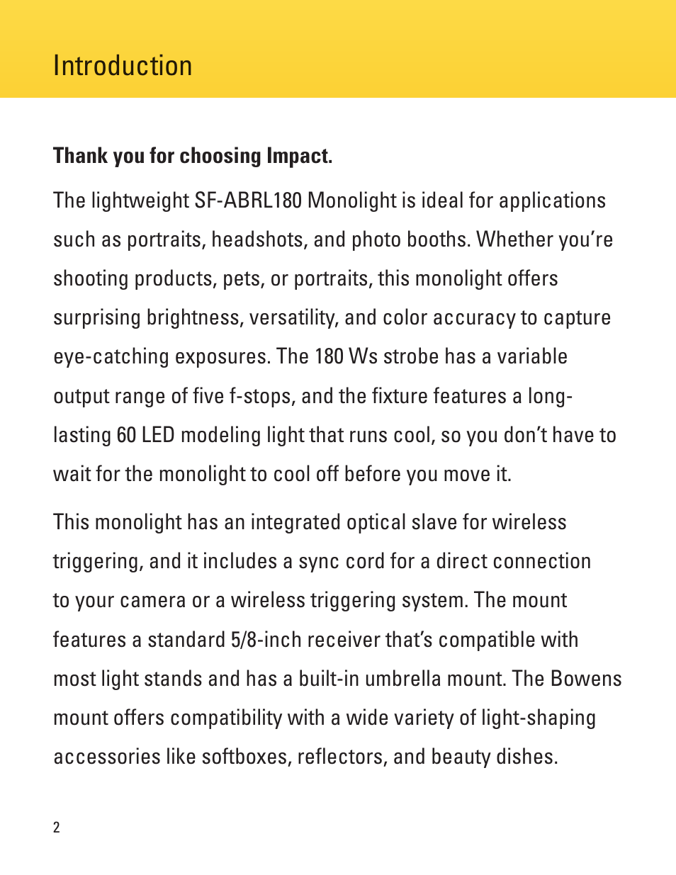 Introduction | Impact 180Ws Monolight Starter Flash with LED Modeling Light User Manual | Page 2 / 12
