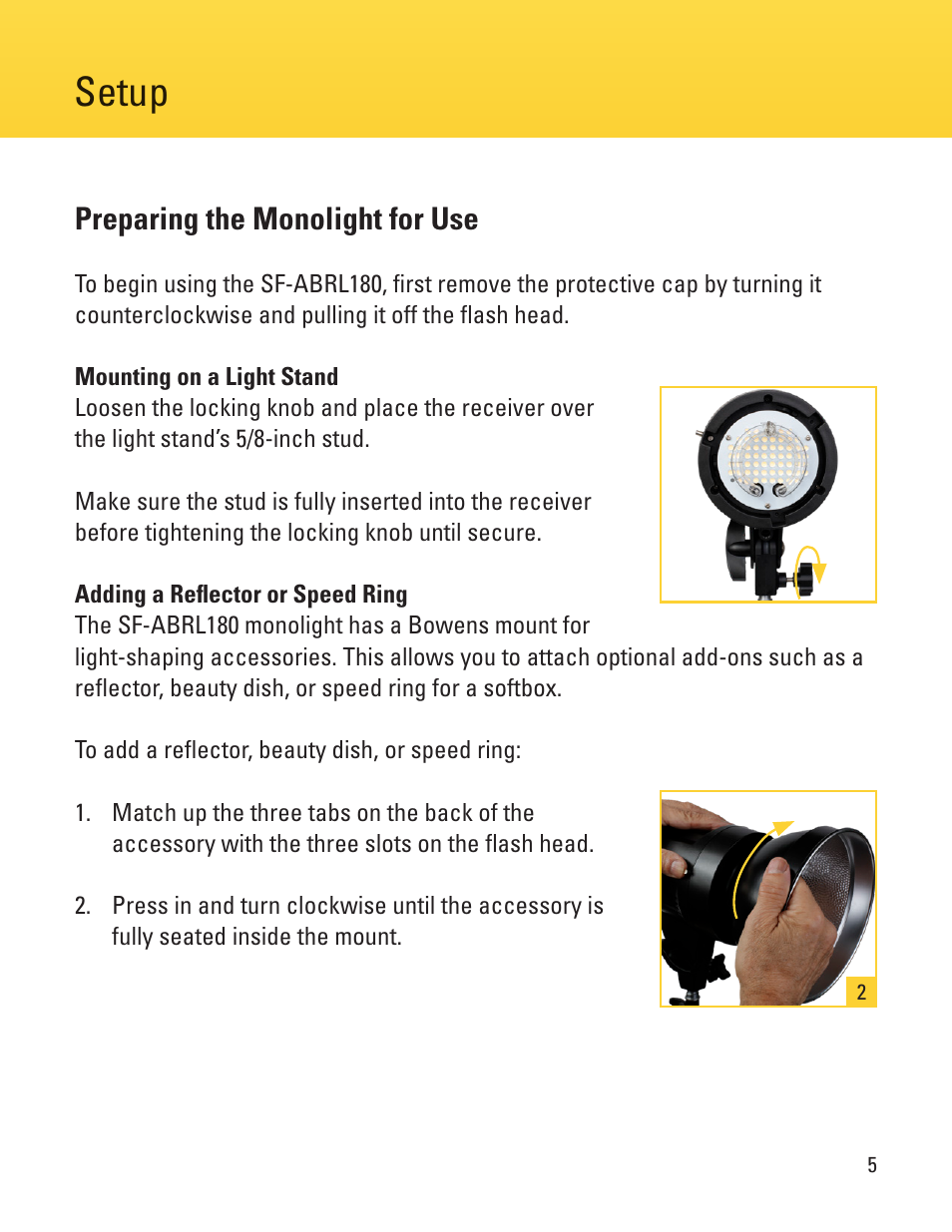 Setup, Preparing the monolight for use | Impact 180Ws Monolight Starter Flash with LED Modeling Light User Manual | Page 5 / 12