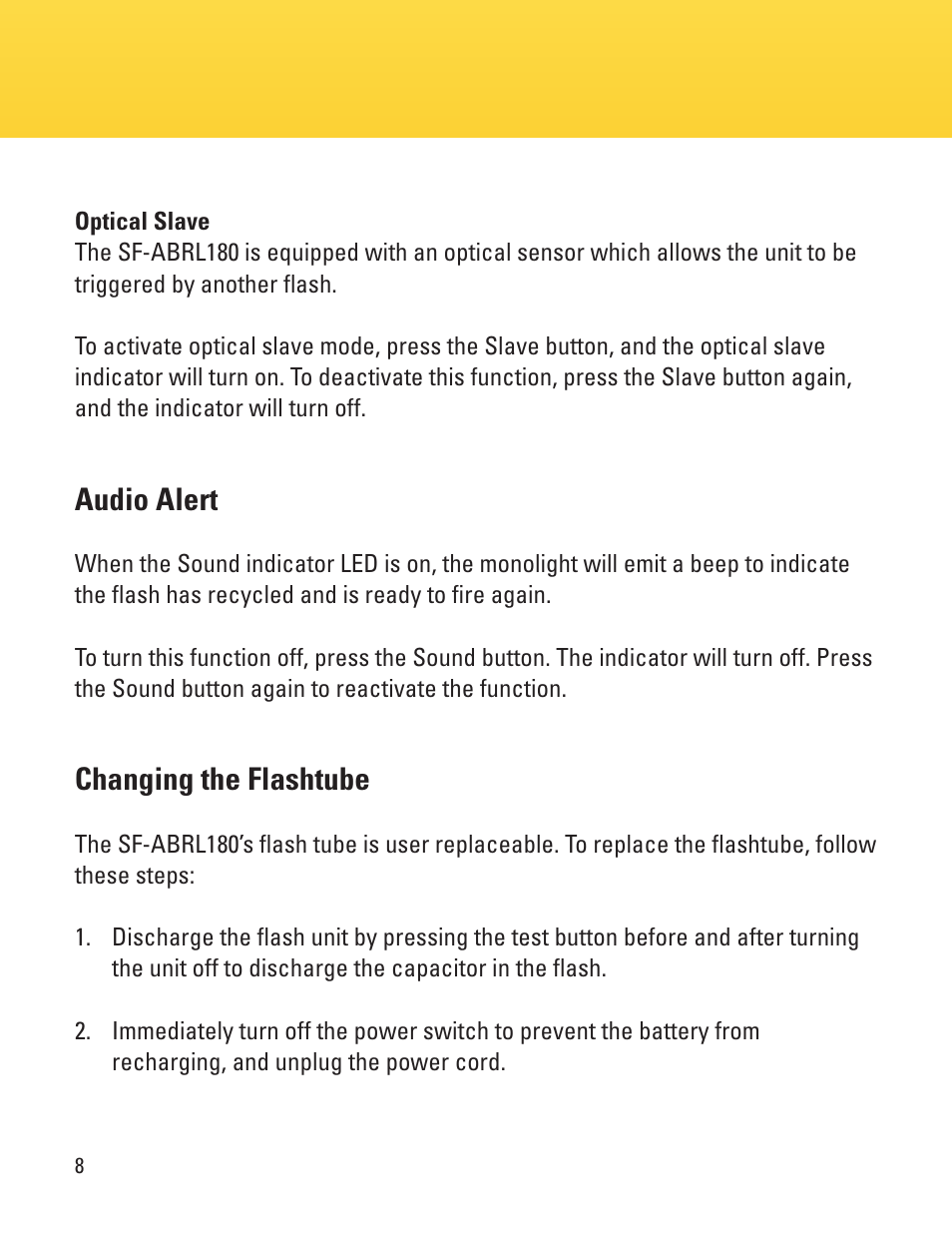 Audio alert, Changing the flashtube | Impact 180Ws Monolight Starter Flash with LED Modeling Light User Manual | Page 8 / 12