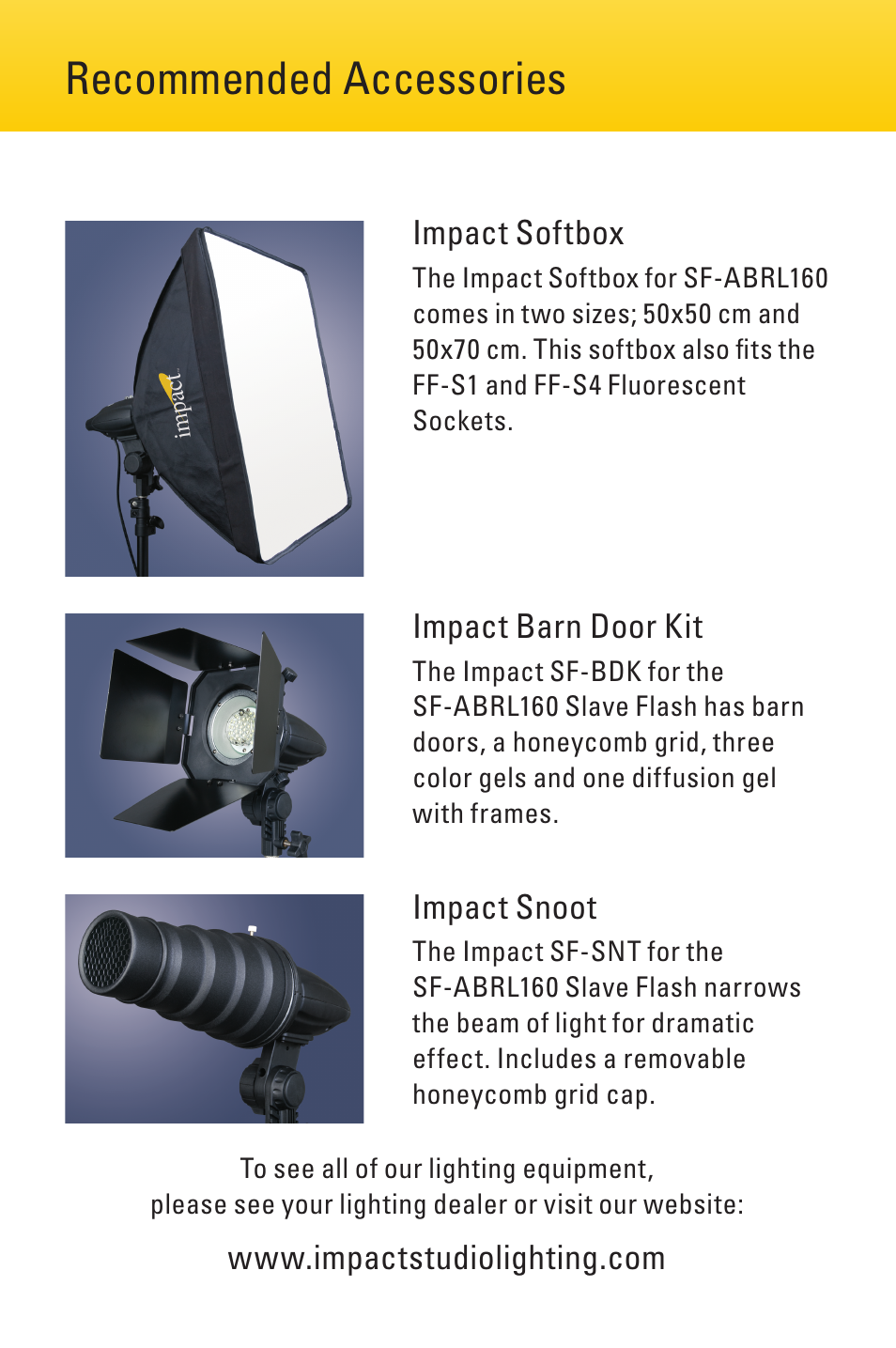 Recommended accessories | Impact SF-ABRL160 Stand Mount Flash with LED Modeling Light User Manual | Page 3 / 4