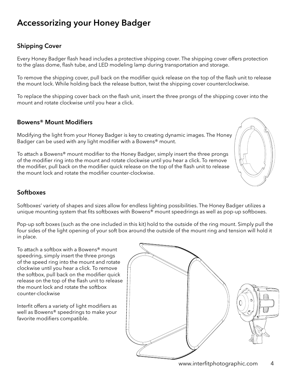Accessorizing your honey badger | Interfit Honey Badger 320Ws Compact Flash Head User Manual | Page 5 / 9