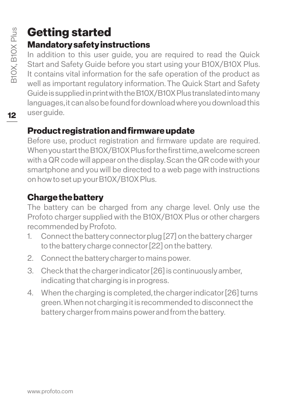 Getting started, Mandatory safety instructions, Product registration and firmware update | Charge the battery | Profoto B10X OCF Flash Duo Kit User Manual | Page 12 / 40