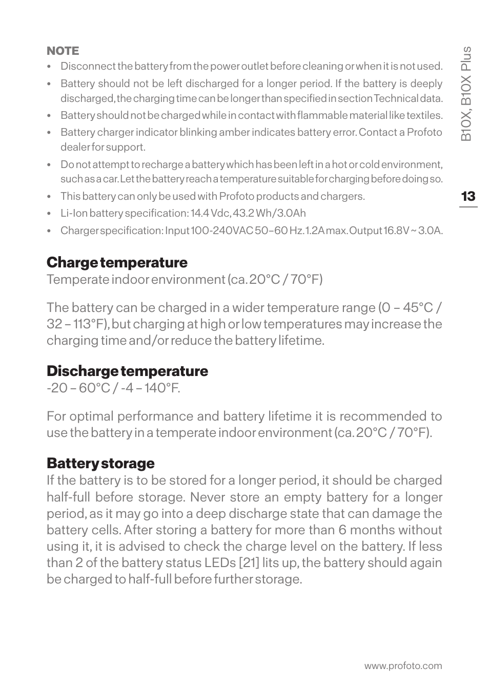 Charge temperature, Discharge temperature, Battery storage | Profoto B10X OCF Flash Duo Kit User Manual | Page 13 / 40