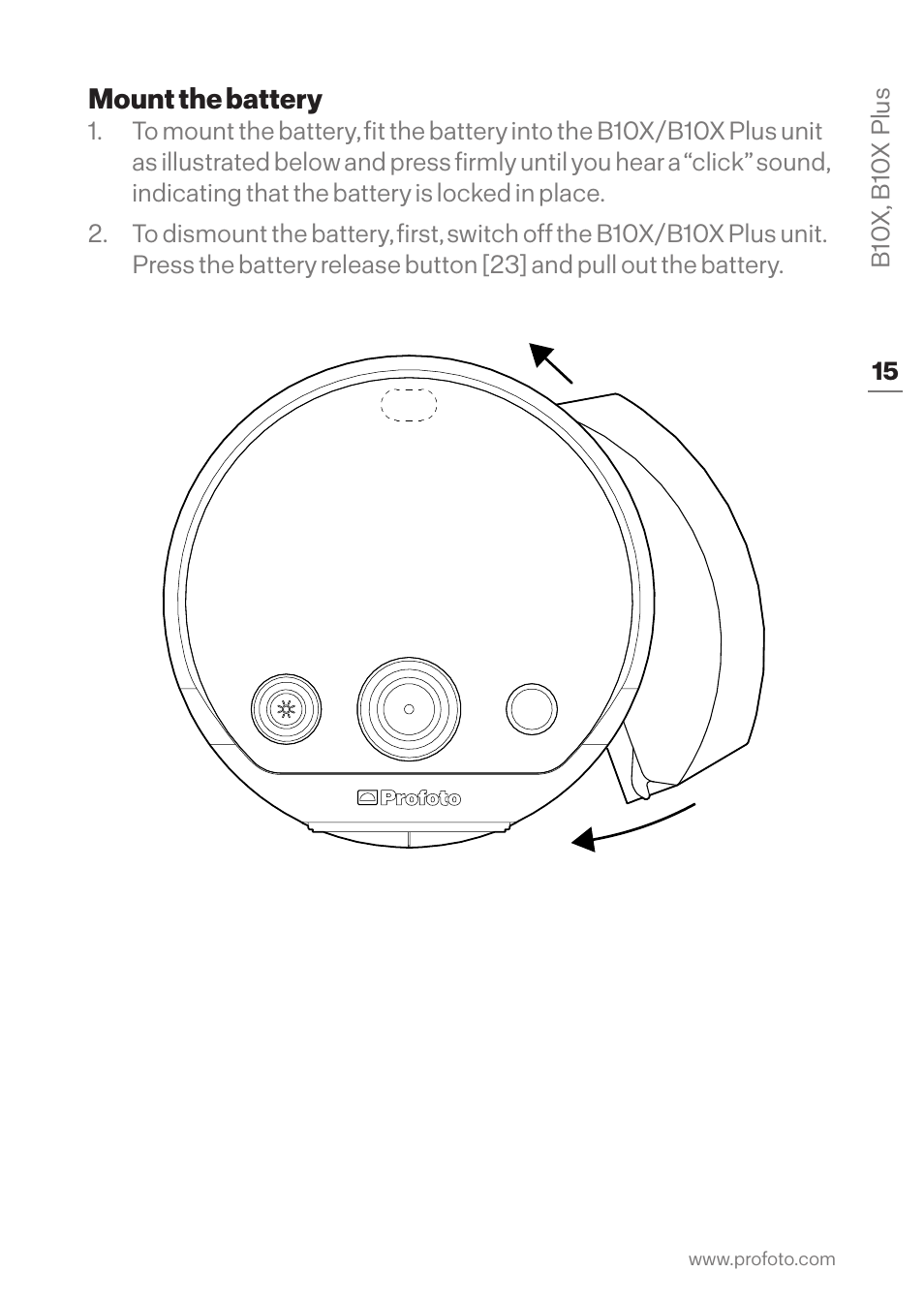 Mount the battery | Profoto B10X OCF Flash Duo Kit User Manual | Page 15 / 40