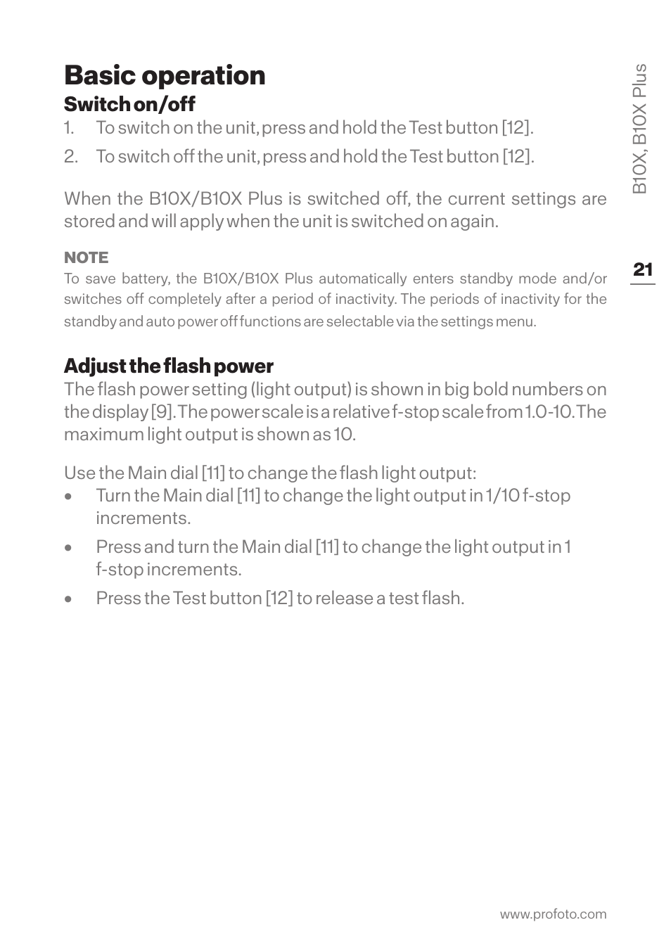 Basic operation, Switch on/off, Adjust the flash power | Switch on/off adjust the flash power | Profoto B10X OCF Flash Duo Kit User Manual | Page 21 / 40
