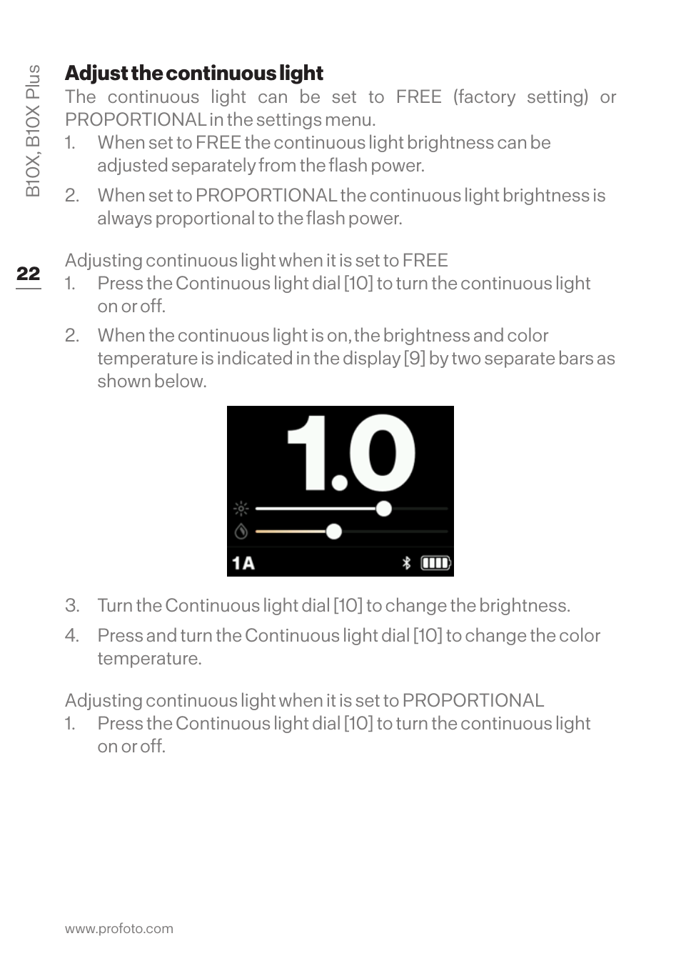 Adjust the continuous light | Profoto B10X OCF Flash Duo Kit User Manual | Page 22 / 40
