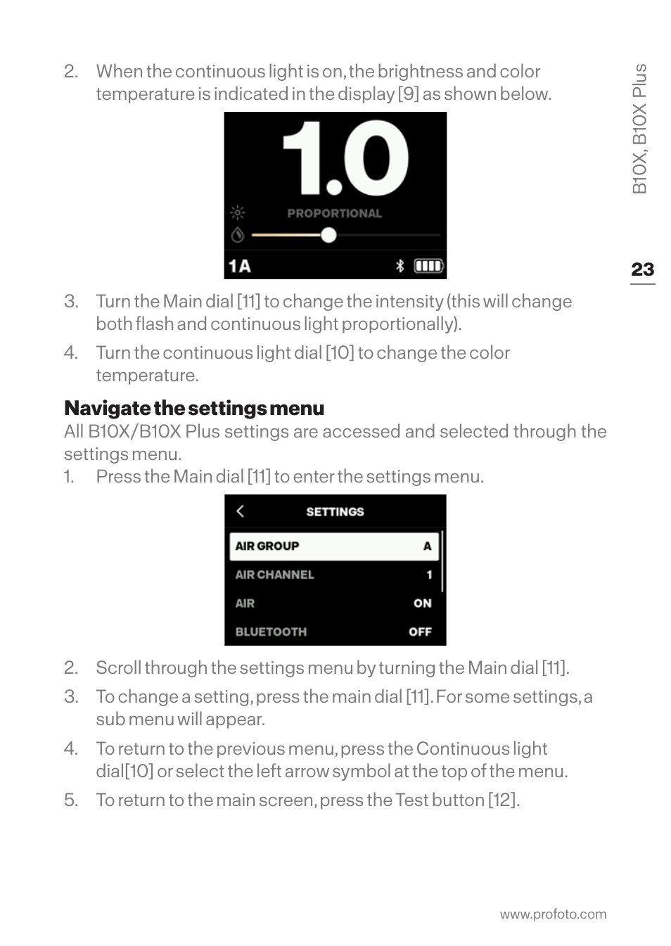 Navigate the settings menu | Profoto B10X OCF Flash Duo Kit User Manual | Page 23 / 40