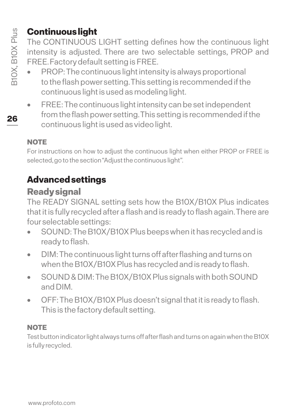 Continuous light, Advanced settings, Continuous light advanced settings | Advanced settings ready signal | Profoto B10X OCF Flash Duo Kit User Manual | Page 26 / 40