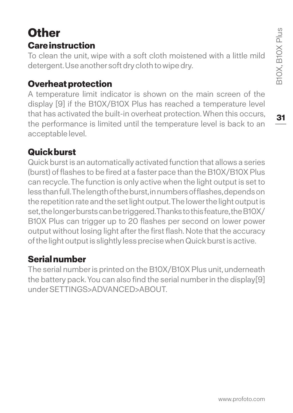 Other, Care instruction, Overheat protection | Quick burst, Serial number | Profoto B10X OCF Flash Duo Kit User Manual | Page 31 / 40