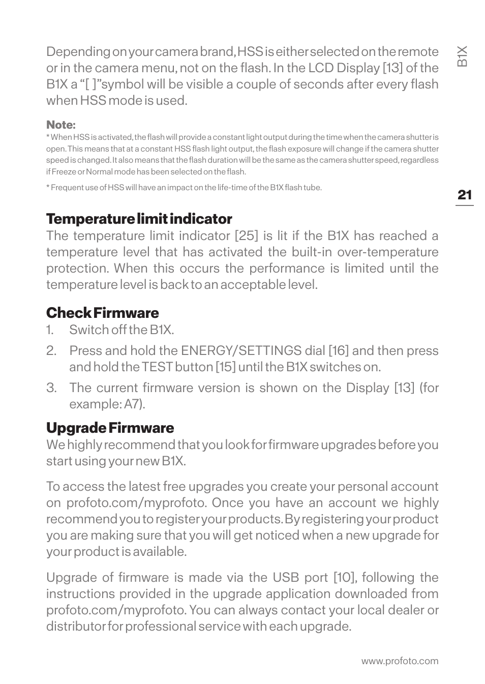 Temperature limit indicator, Check firmware, Upgrade firmware | Profoto B1X 500 AirTTL 1-Light To-Go Kit User Manual | Page 21 / 28