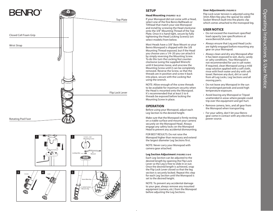 Op er at ing in str uc tion s & u ser n ot ice | Benro A48FD Series 4 Aluminum Monopod with 3-Leg Locking Base User Manual | Page 2 / 2