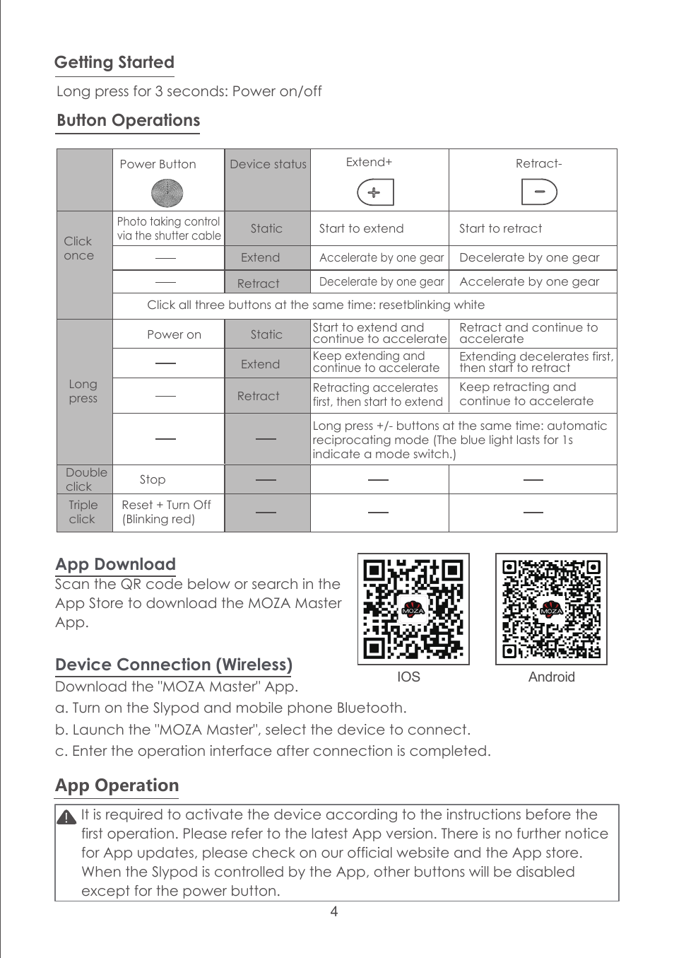 App operation, Getting started app download, Device connection (wireless) | Button operations | Moza Slypod User Manual | Page 6 / 14