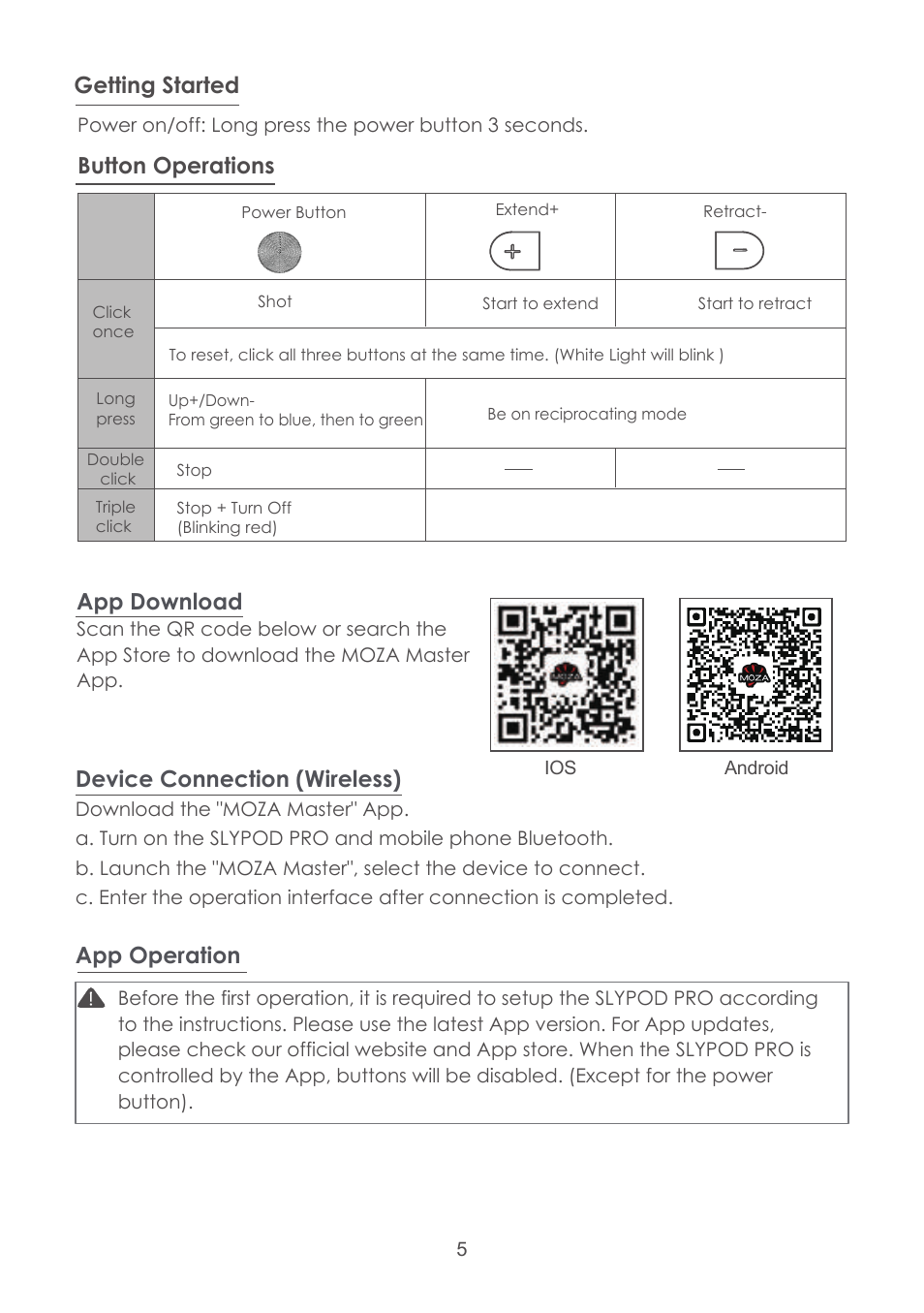 Getting started device connection (wireless), Button operations app operation, App download | Moza Slypod Pro Master Kit User Manual | Page 6 / 26