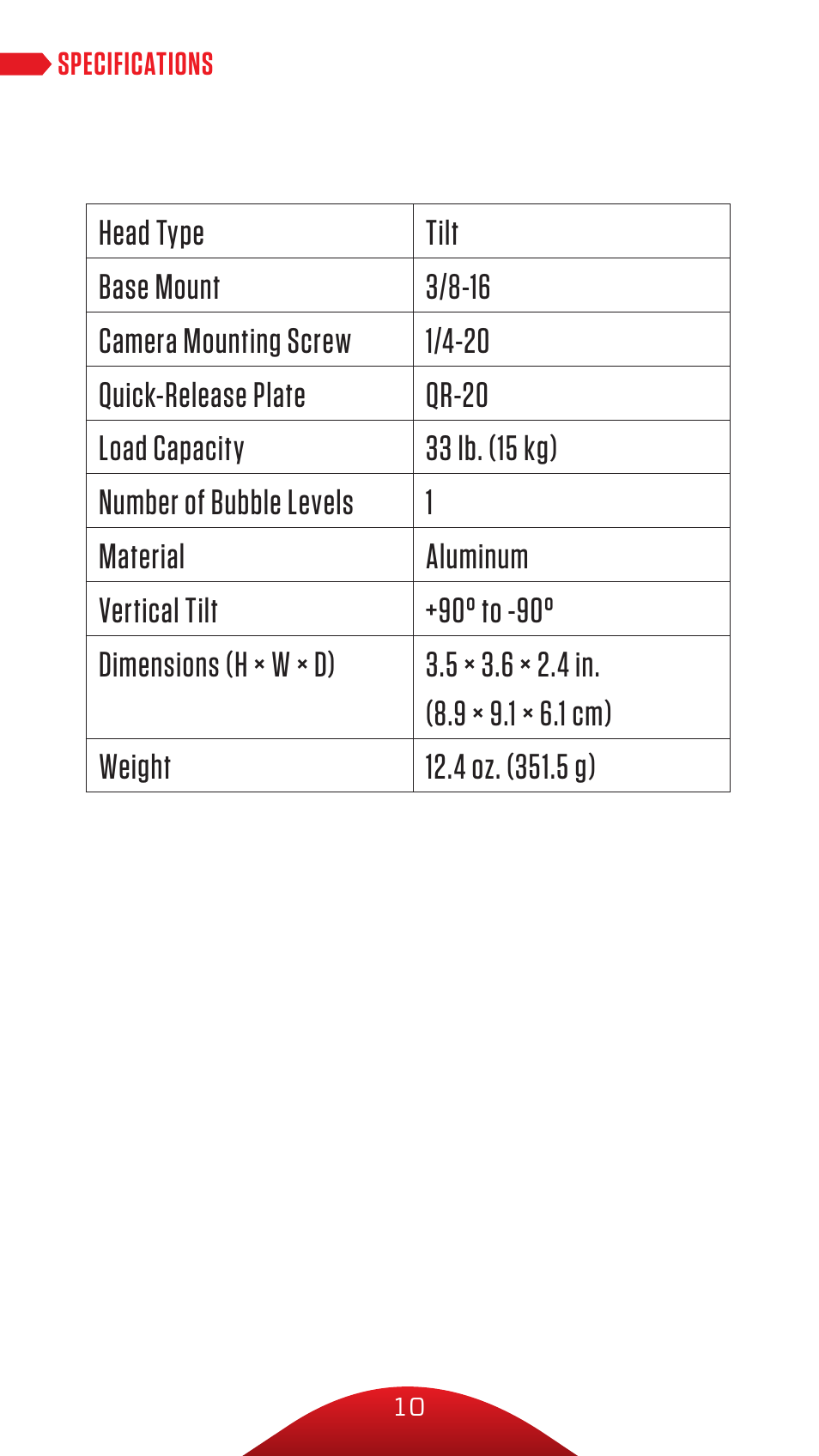 Oben VH-A30 Tilt Head for Monopods User Manual | Page 10 / 12