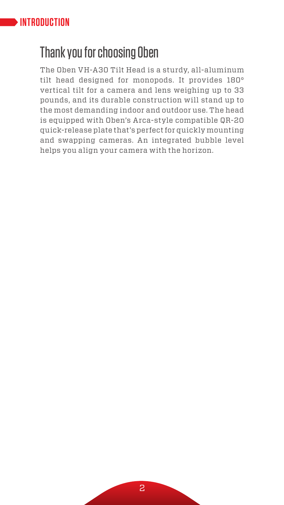 Oben VH-A30 Tilt Head for Monopods User Manual | Page 2 / 12