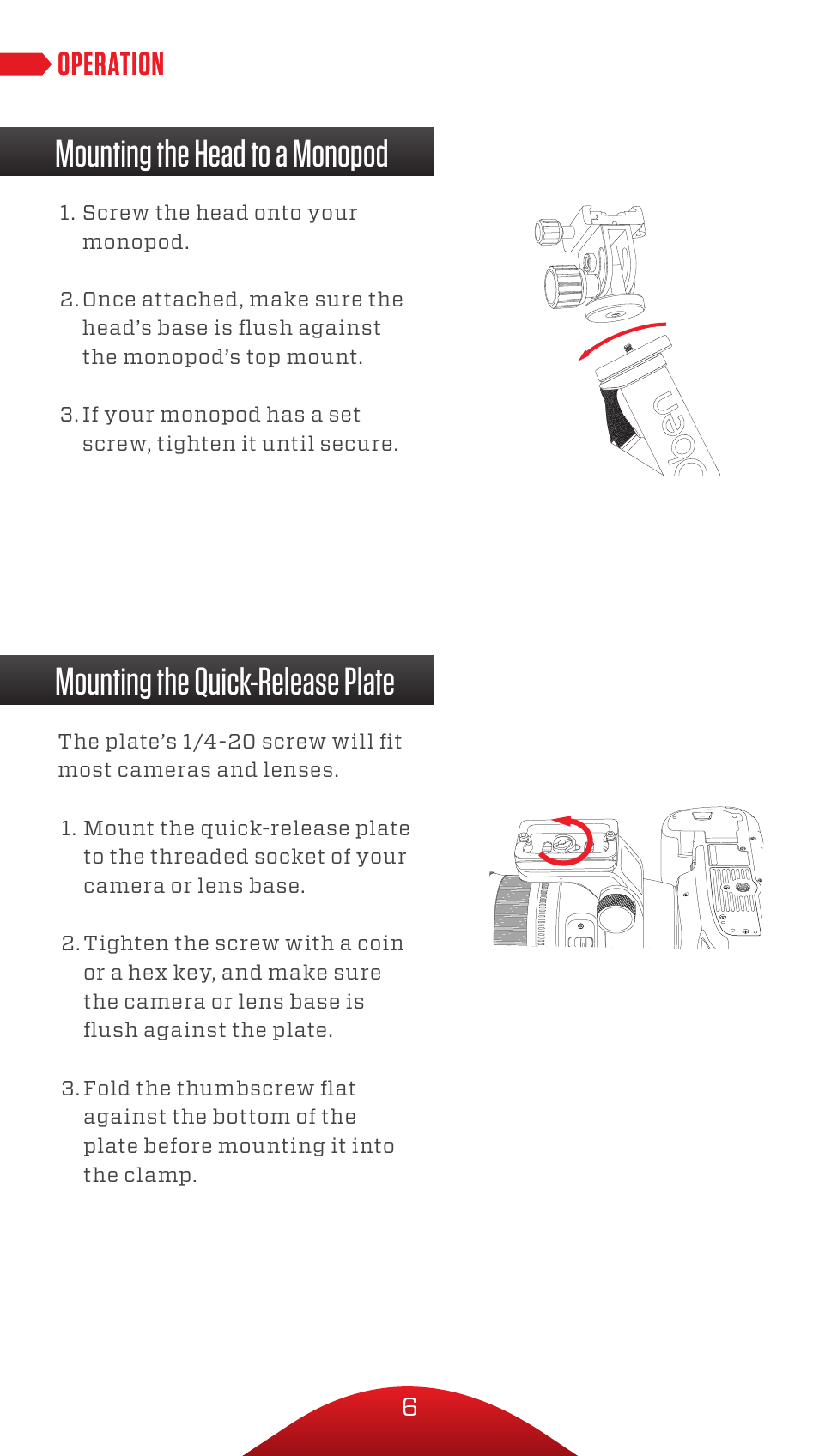 Operation | Oben VH-A30 Tilt Head for Monopods User Manual | Page 6 / 12