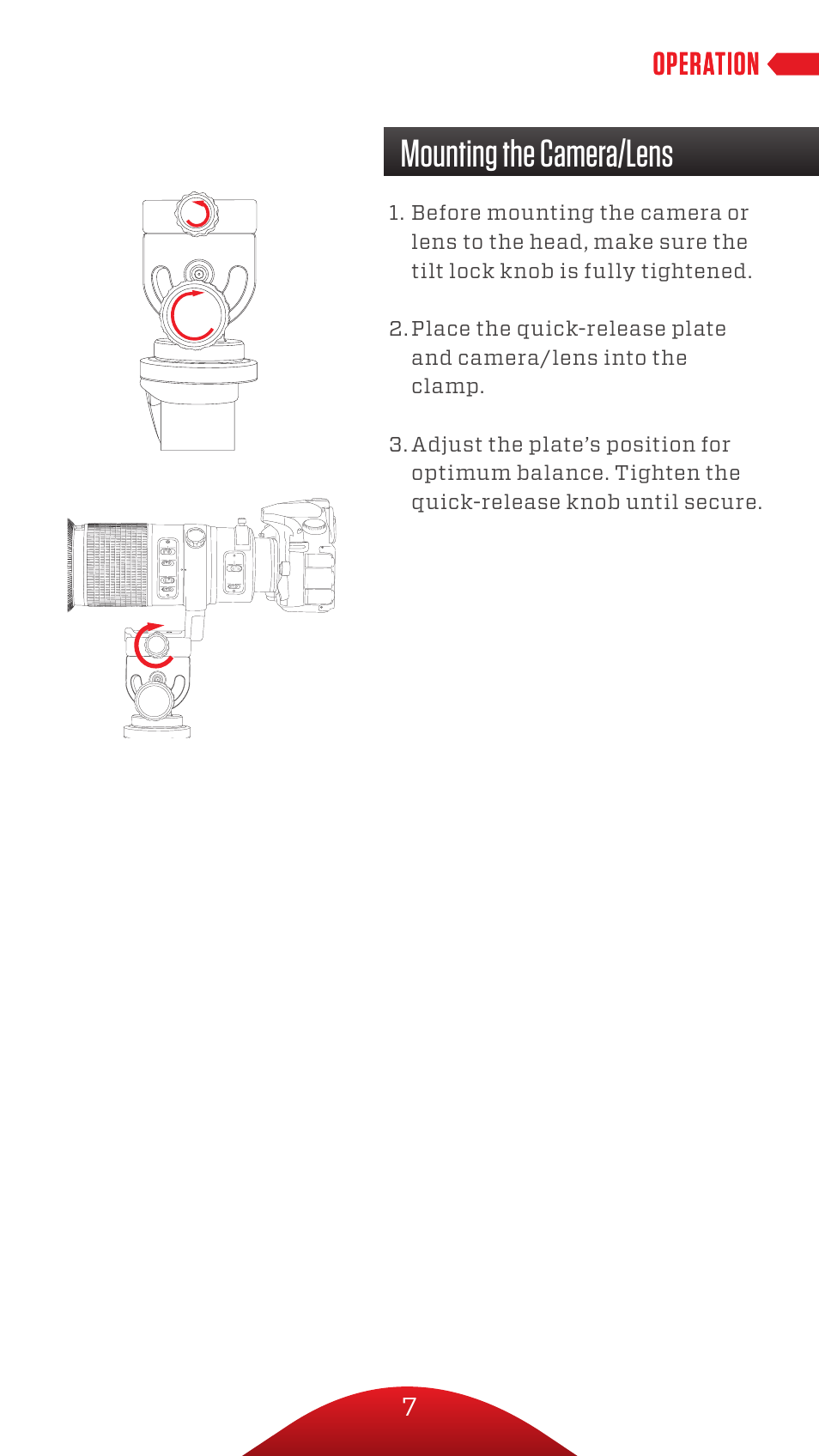 Mounting the camera/lens, Operation | Oben VH-A30 Tilt Head for Monopods User Manual | Page 7 / 12