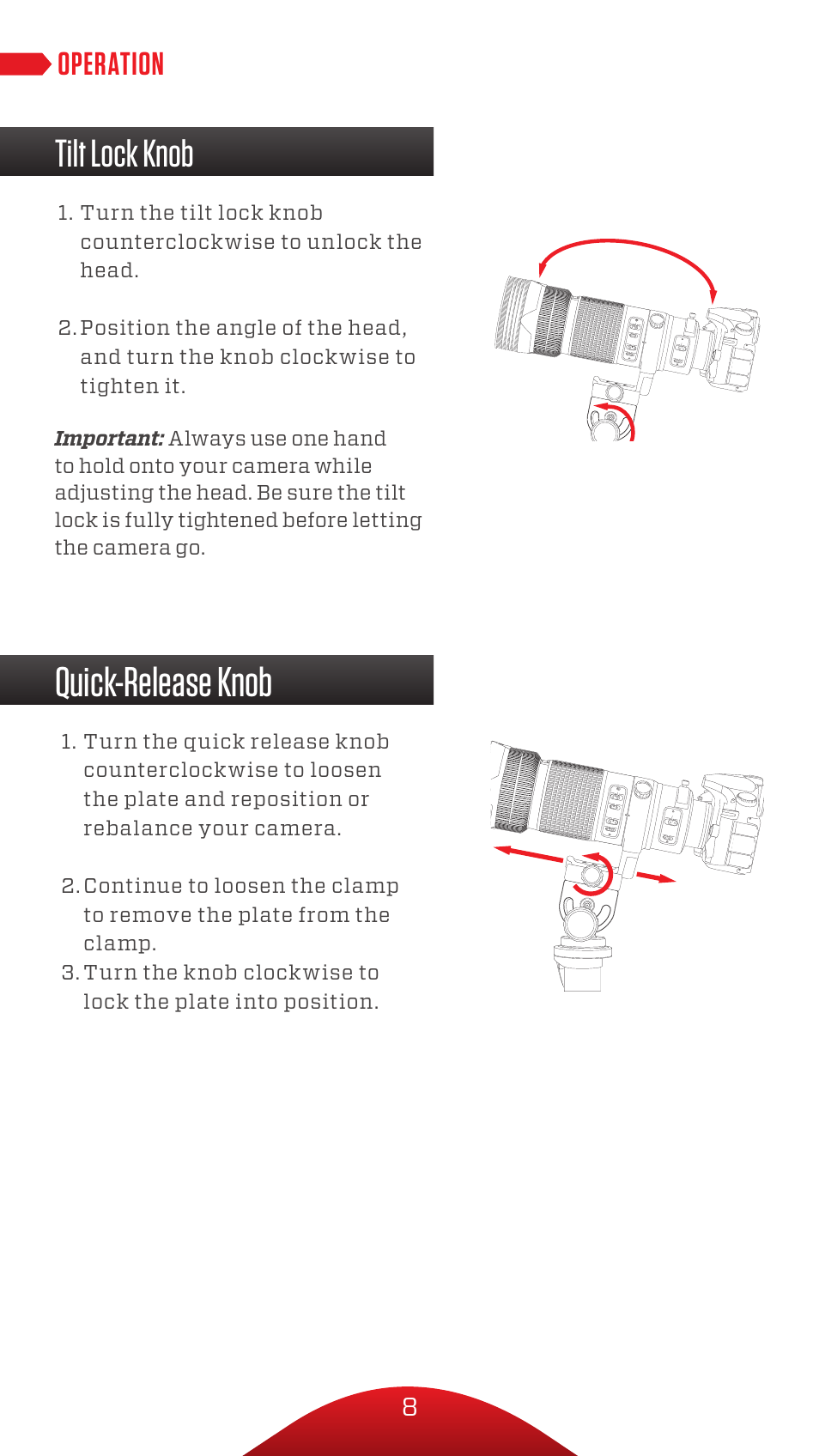 Quick-release knob, Tilt lock knob, Operation | Oben VH-A30 Tilt Head for Monopods User Manual | Page 8 / 12