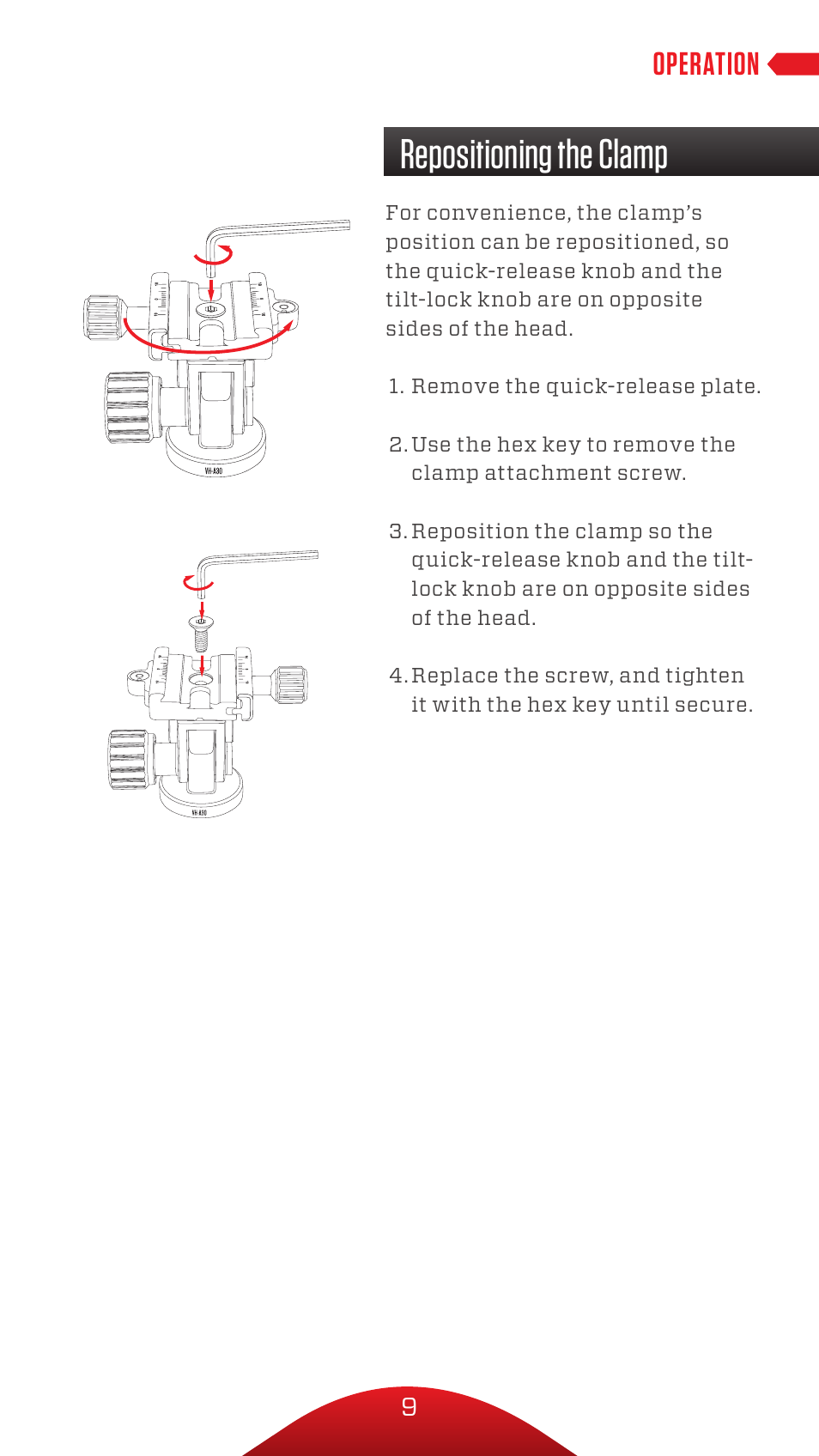 Repositioning the clamp, Operation | Oben VH-A30 Tilt Head for Monopods User Manual | Page 9 / 12