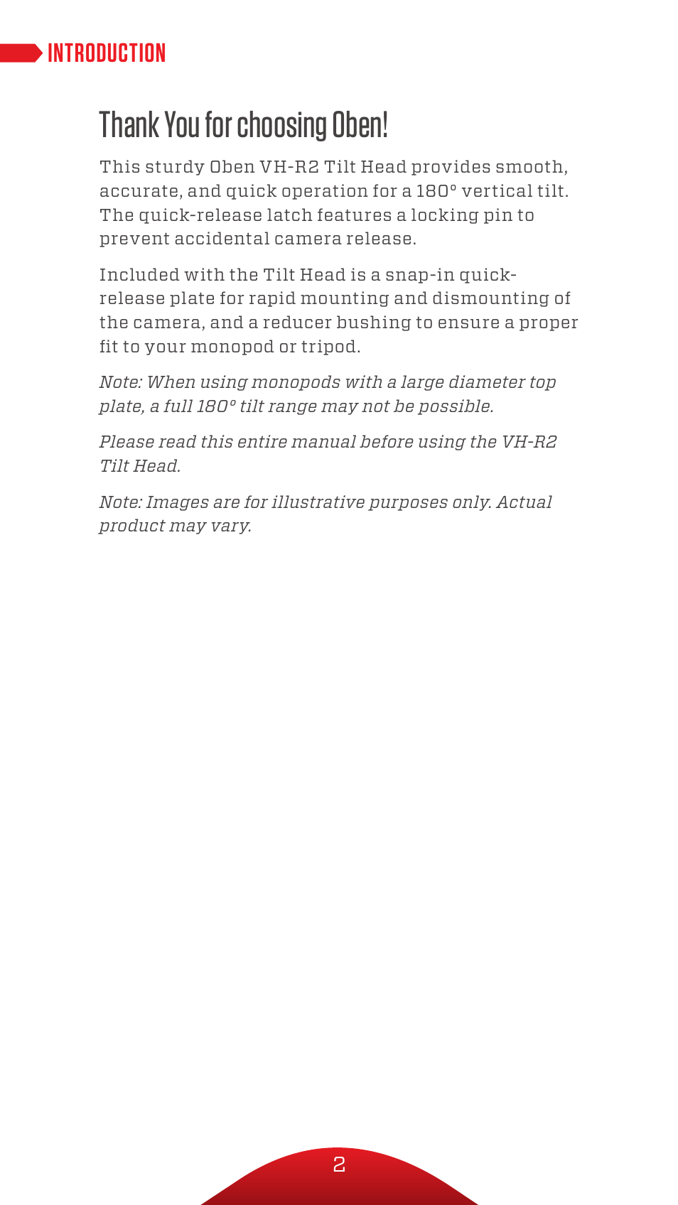Introduction | Oben VH-R2 Tilt Head for Monopods User Manual | Page 2 / 8