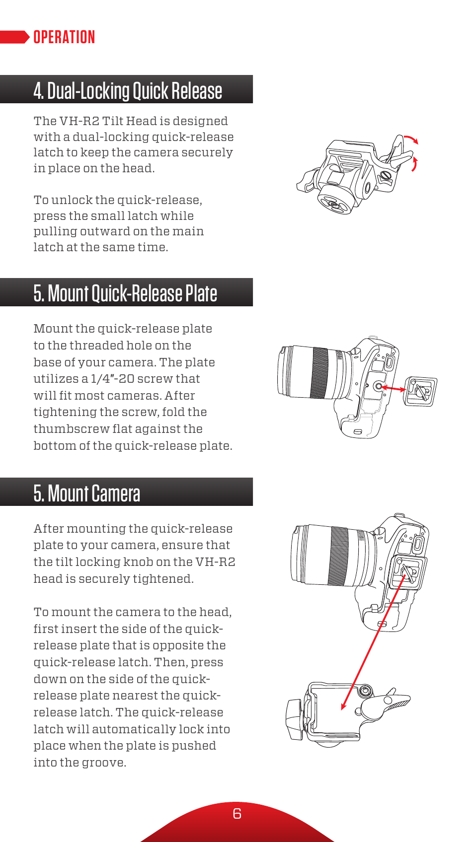 Mount quick-release plate 5. mount camera, Dual-locking quick release, Operation | Oben VH-R2 Tilt Head for Monopods User Manual | Page 6 / 8