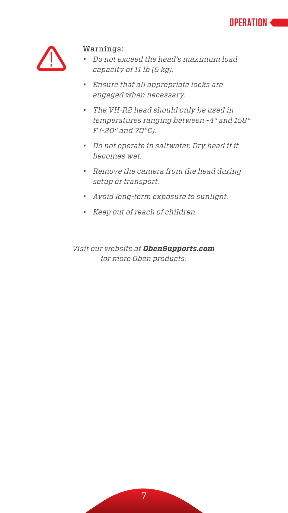 Operation | Oben VH-R2 Tilt Head for Monopods User Manual | Page 7 / 8