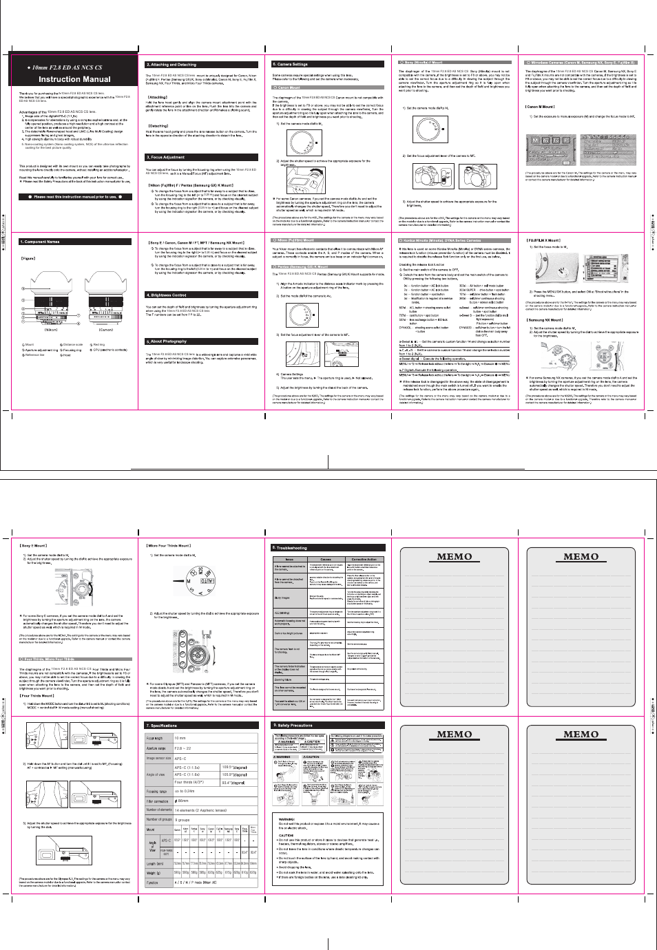 Samyang 10mm f/2.8 ED AS NCS CS Lens (F Mount) User Manual | 1 page