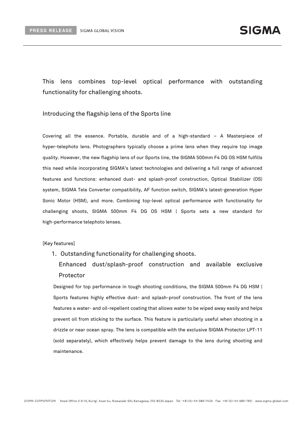 SIGMA 500mm f/4 DG OS HSM Sports Lens for F User Manual | Page 2 / 10