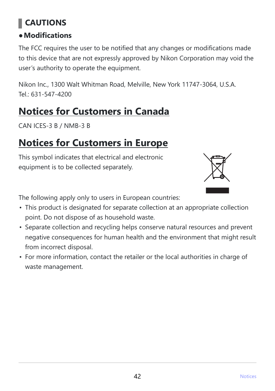 Notices for customers in canada, Notices for customers in europe, Cautions | Nikon NIKKOR Z 100-400mm f/4.5-5.6 VR S Lens User Manual | Page 42 / 42