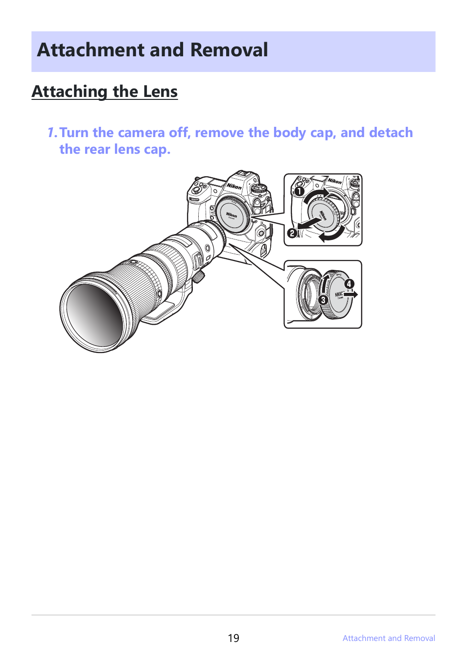 Attachment and removal, Attaching the lens | Nikon NIKKOR Z 800mm f/6.3 VR S Lens User Manual | Page 19 / 48