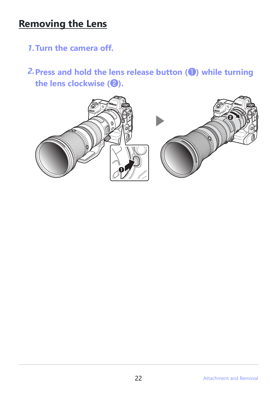 Removing the lens | Nikon NIKKOR Z 800mm f/6.3 VR S Lens User Manual | Page 22 / 48