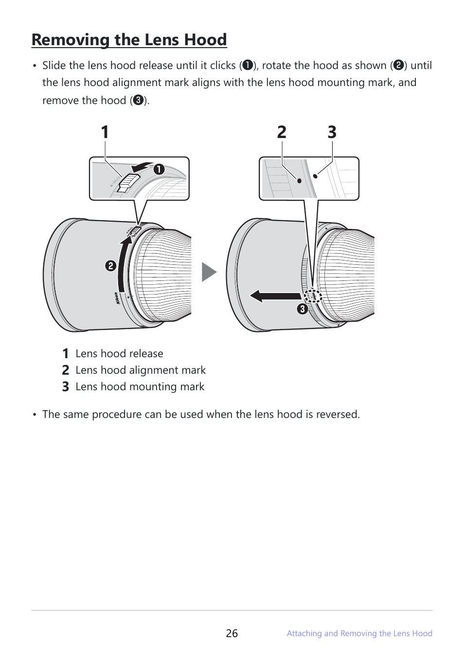 Removing the lens hood | Nikon NIKKOR Z 800mm f/6.3 VR S Lens User Manual | Page 26 / 48