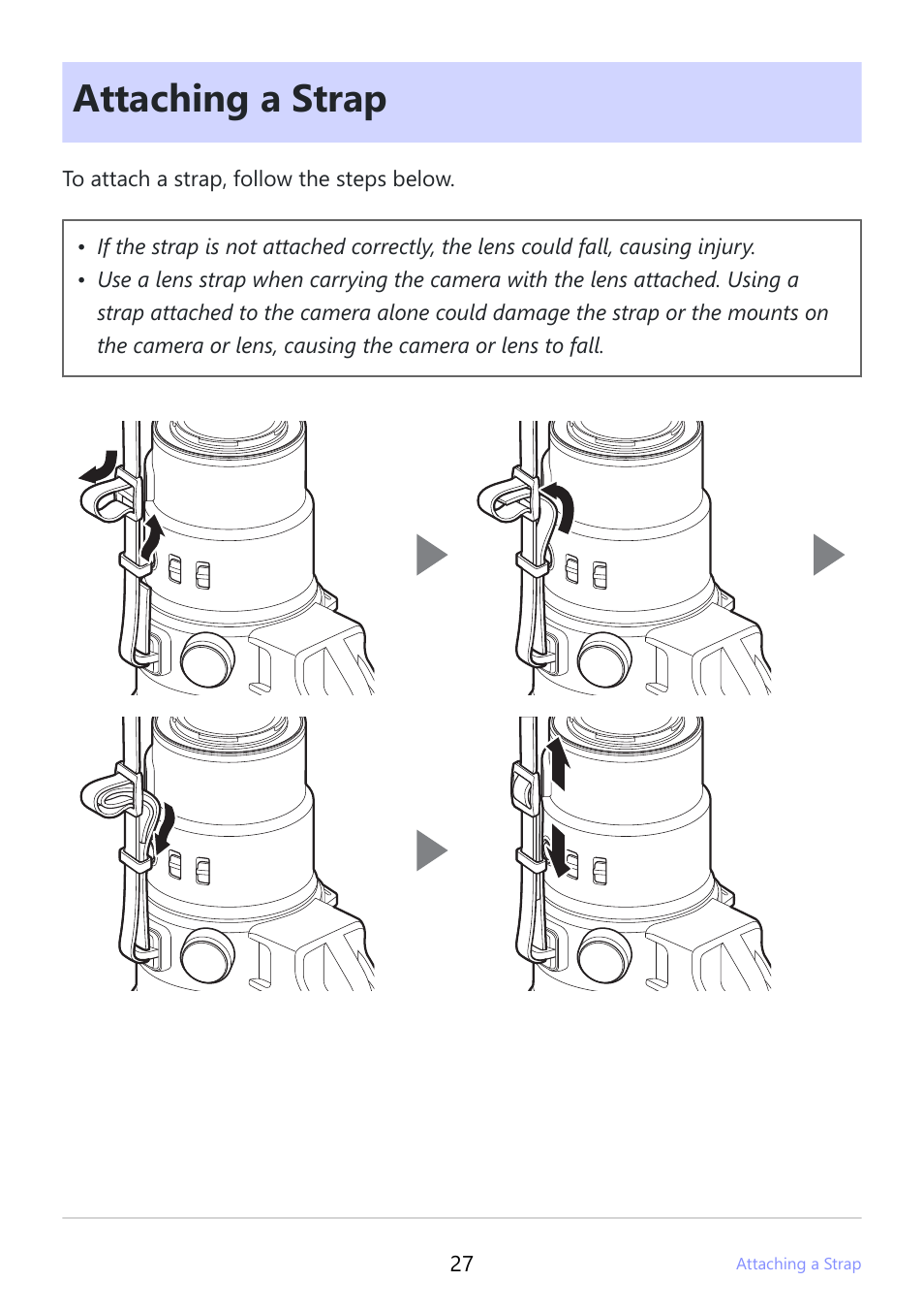 Attaching a strap | Nikon NIKKOR Z 800mm f/6.3 VR S Lens User Manual | Page 27 / 48
