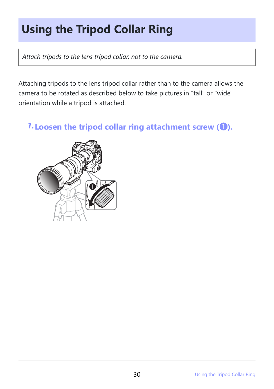 Using the tripod collar ring | Nikon NIKKOR Z 800mm f/6.3 VR S Lens User Manual | Page 30 / 48