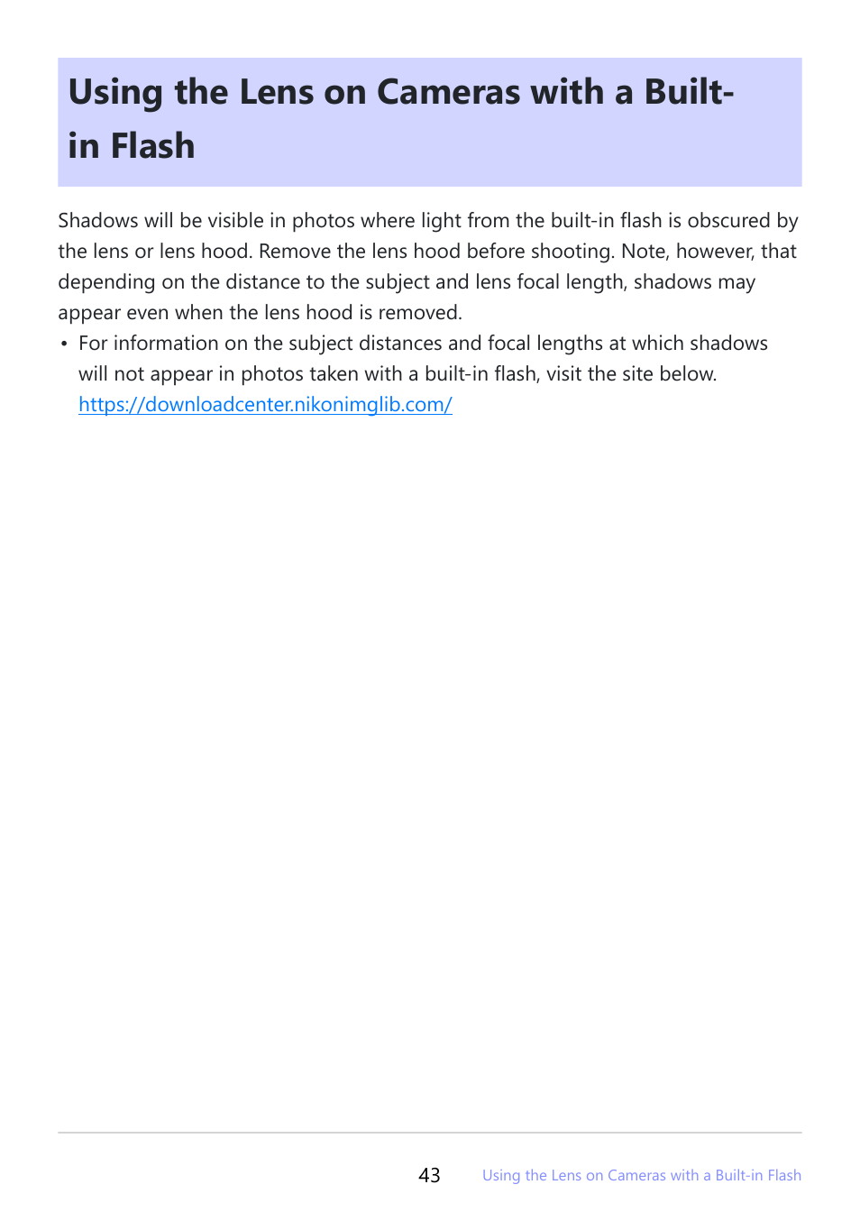 Using the lens on cameras with a built-in flash, Using the lens on cameras with a built- in flash | Nikon NIKKOR Z 800mm f/6.3 VR S Lens User Manual | Page 43 / 48