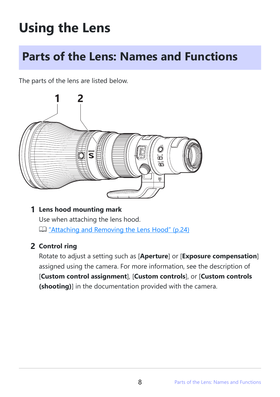 Using the lens, Parts of the lens: names and functions | Nikon NIKKOR Z 800mm f/6.3 VR S Lens User Manual | Page 8 / 48