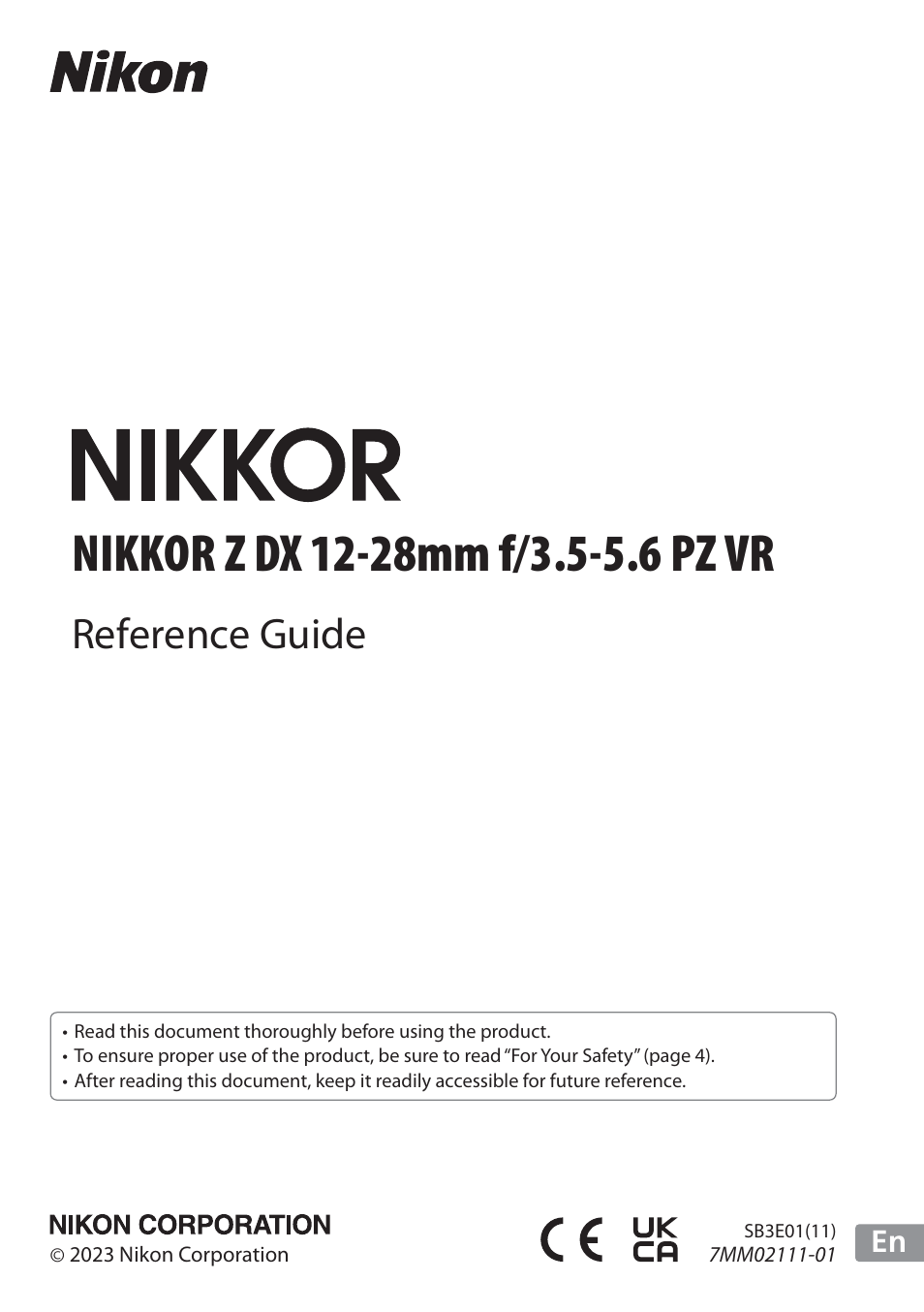 Nikon NIKKOR Z DX 12-28mm f/3.5-5.6 PZ VR Lens (Z) User Manual | 28 pages