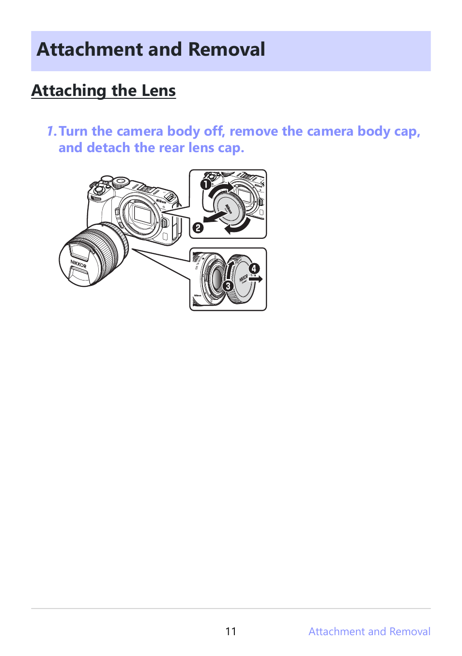 Attachment and removal, Attaching the lens | Nikon NIKKOR Z DX 12-28mm f/3.5-5.6 PZ VR Lens (Z) User Manual | Page 11 / 28