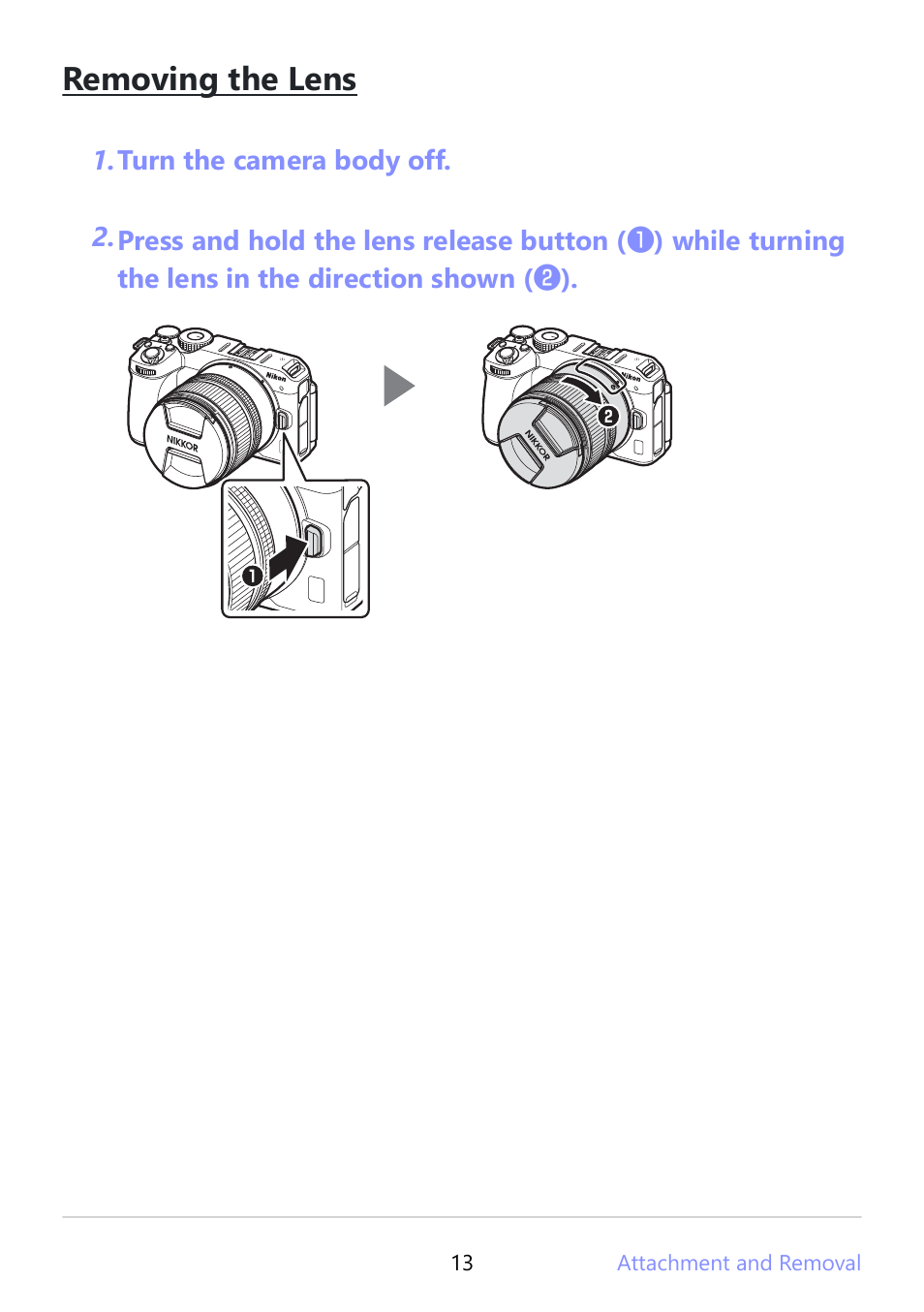 Removing the lens | Nikon NIKKOR Z DX 12-28mm f/3.5-5.6 PZ VR Lens (Z) User Manual | Page 13 / 28