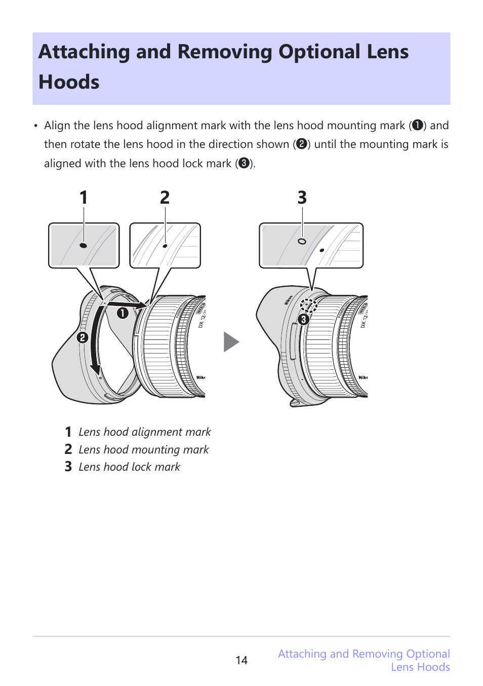 Attaching and removing optional lens hoods, Attaching and removing optional lens hoods” (p.14) | Nikon NIKKOR Z DX 12-28mm f/3.5-5.6 PZ VR Lens (Z) User Manual | Page 14 / 28