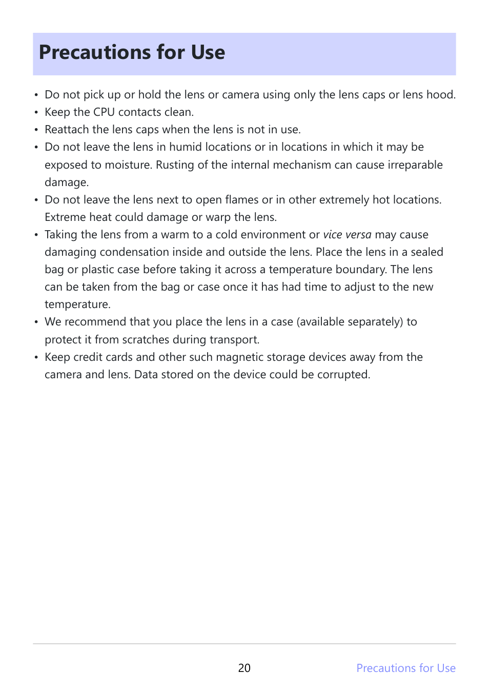 Precautions for use | Nikon NIKKOR Z DX 12-28mm f/3.5-5.6 PZ VR Lens (Z) User Manual | Page 20 / 28