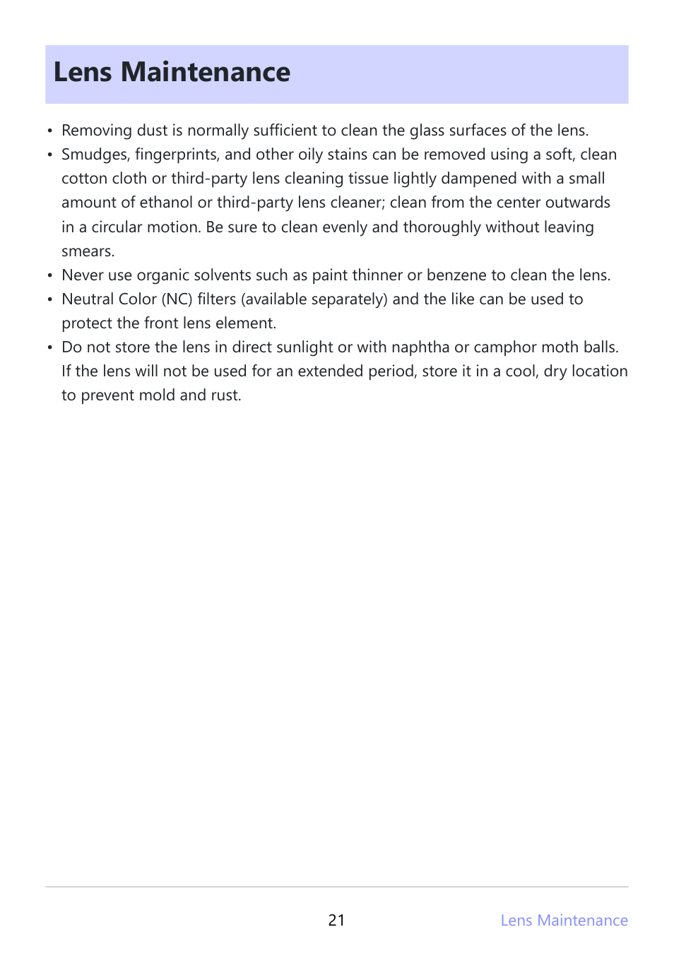 Lens maintenance | Nikon NIKKOR Z DX 12-28mm f/3.5-5.6 PZ VR Lens (Z) User Manual | Page 21 / 28
