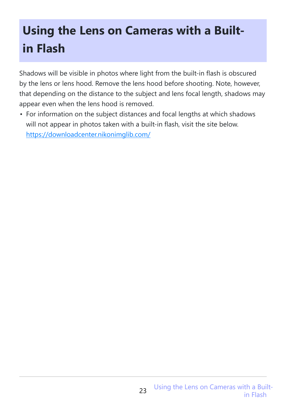 Using the lens on cameras with a built-in flash, Using the lens on cameras with a built- in flash | Nikon NIKKOR Z DX 12-28mm f/3.5-5.6 PZ VR Lens (Z) User Manual | Page 23 / 28