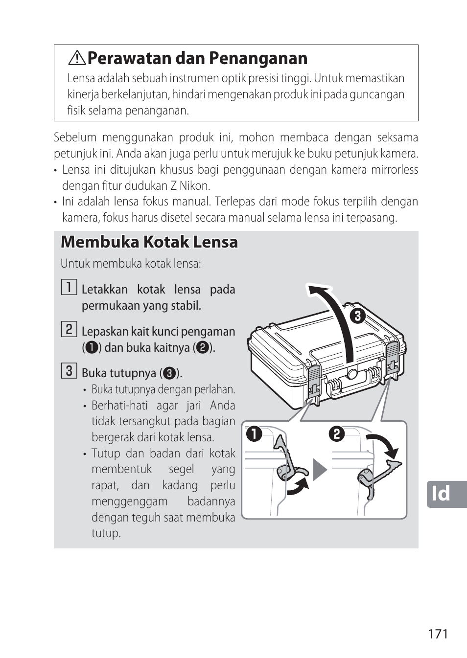 Aperawatan dan penanganan perawatan dan penanganan, Membuka kotak lensa | Nikon NIKKOR Z 58mm f/0.95 S Noct Lens (Refurbished by USA) User Manual | Page 171 / 213