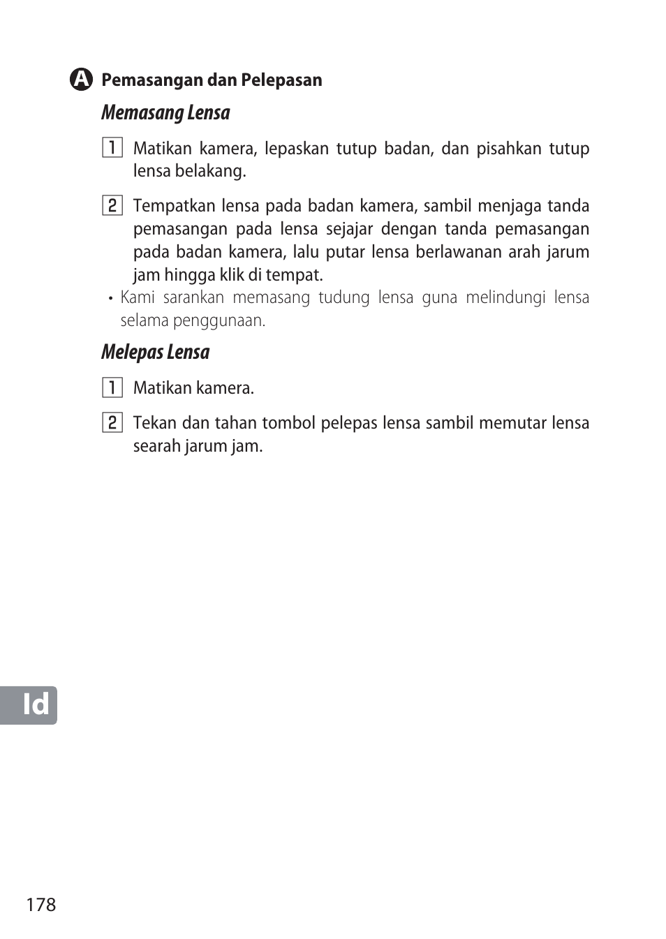 A pemasangan dan pelepasan | Nikon NIKKOR Z 58mm f/0.95 S Noct Lens (Refurbished by USA) User Manual | Page 178 / 213