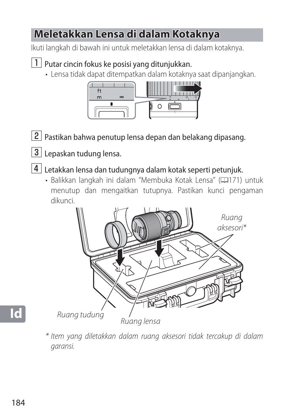 Meletakkan lensa di dalam kotaknya | Nikon NIKKOR Z 58mm f/0.95 S Noct Lens (Refurbished by USA) User Manual | Page 184 / 213